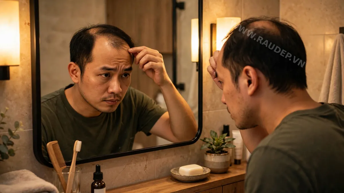 Người đàn ông Việt Nam khoảng 30 tuổi đứng trước gương phòng tắm, nét mặt trầm tư quan sát đường chân tóc chữ M đang thoái lui trên trán