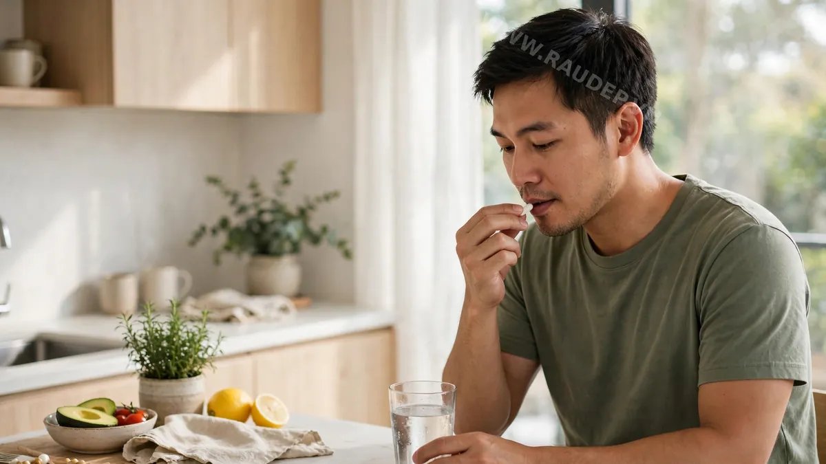 Nam giới công sở 30 tuổi ngồi bên bàn làm việc cầm ly nước chuẩn bị dùng viên uống dht blocker buổi sáng