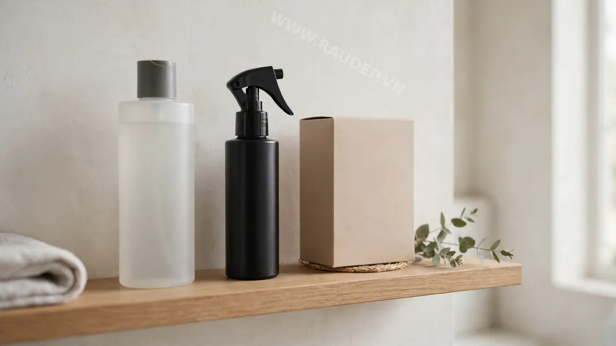 Bộ sản phẩm chăm sóc tóc toàn diện gồm chai dầu gội, lọ viên uống và chai xịt dưỡng tóc đặt trên kệ gỗ phòng tắm