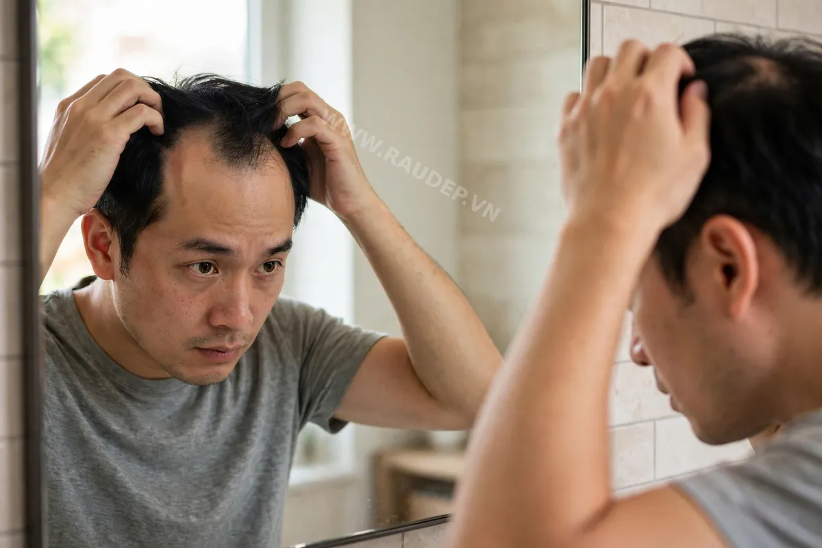 Nam giới đang đứng trước gương vạch tóc hai bên thái dương kiểm tra đường chân tóc lùi sâu hình chữ M