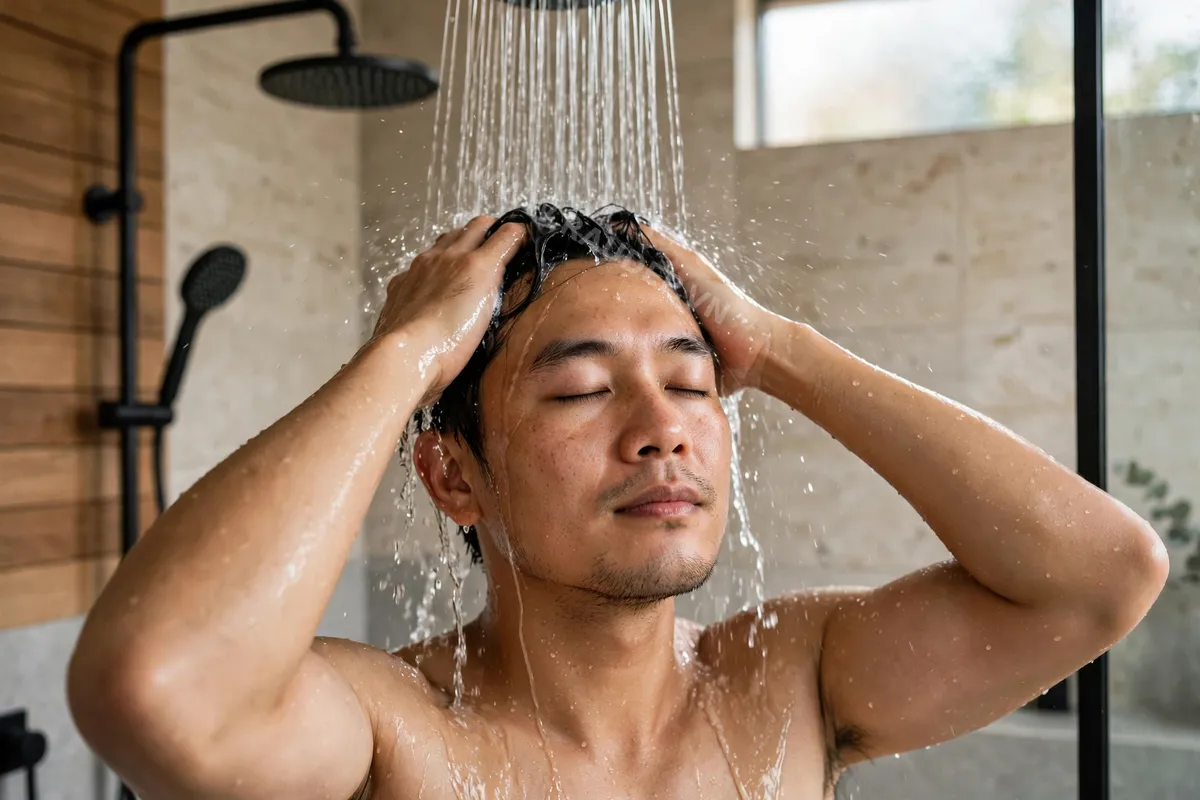 Nam giới đang gội đầu làm sạch sâu da đầu dưới vòi sen trong phòng tắm hiện đại