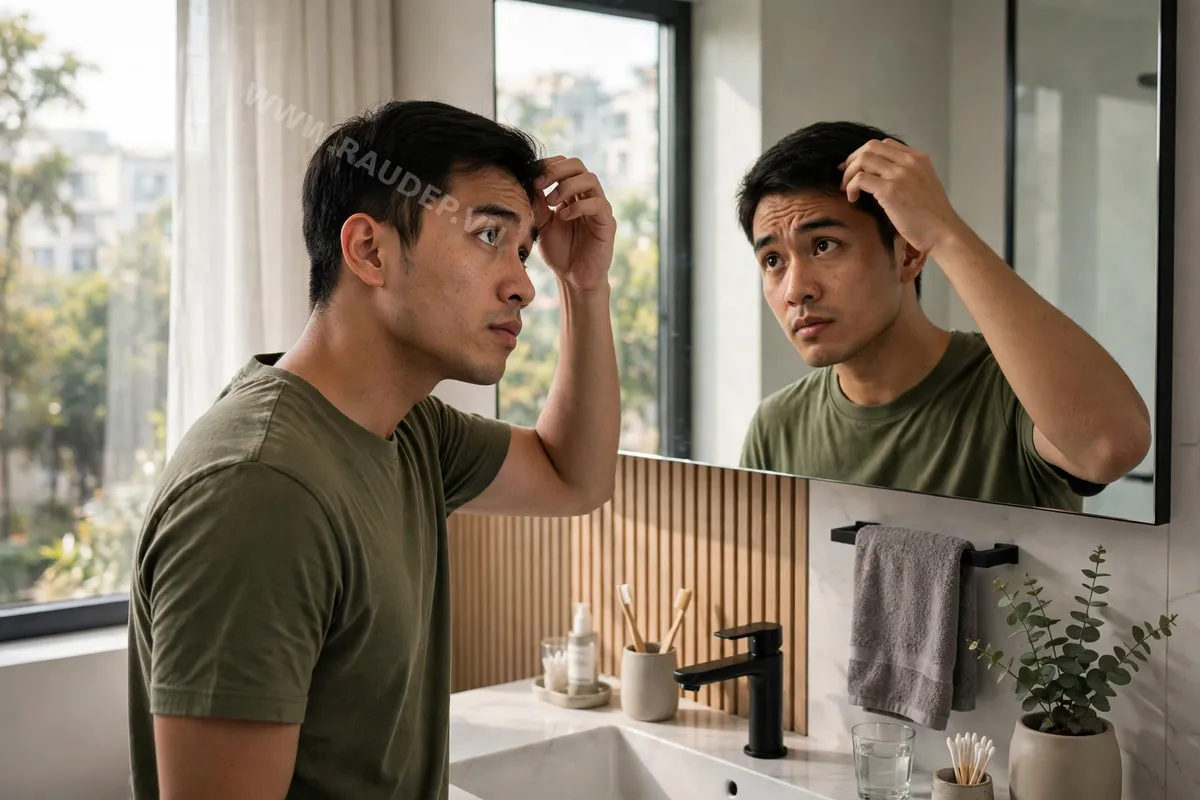 Một người đàn ông đứng trước gương phòng tắm quan sát nang tóc trên da đầu với ánh sáng tự nhiên rọi vào
