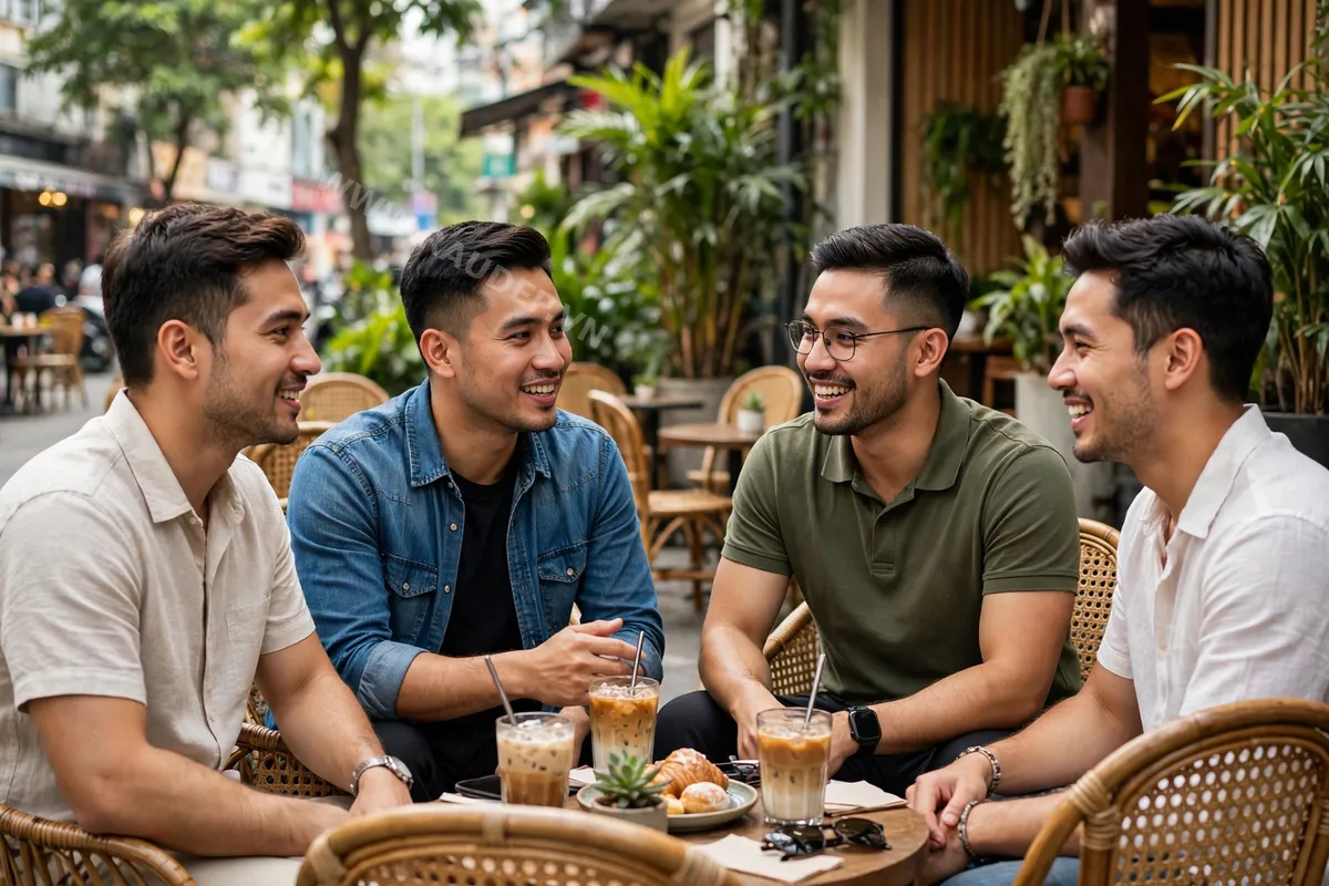 Một nhóm nam giới ngồi trò chuyện tại quán cà phê ngoài trời thể hiện phong thái tự tin và chỉn chu