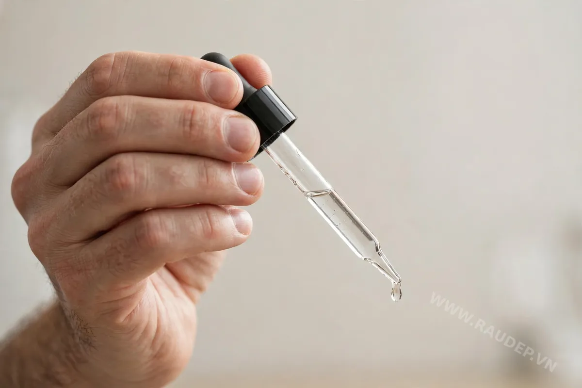 Cận cảnh bàn tay nam giới cầm ống nhỏ giọt đo chuẩn xác mức 1ml dung dịch Minoxidil