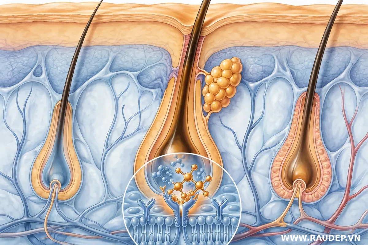 Minh họa phân tử hormone DHT tương tác với thụ thể nang lông và nang tóc