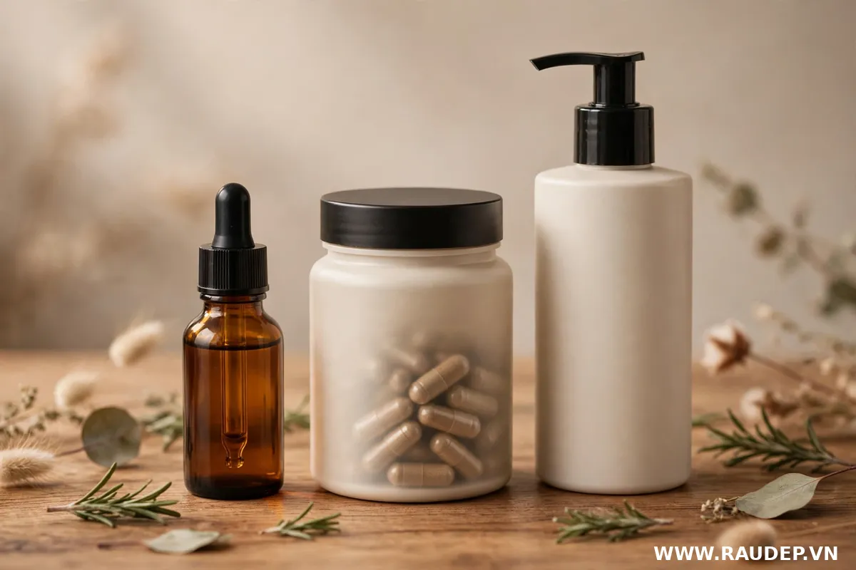 Các giải pháp ngăn chặn DHT gồm viên uống thảo dược và dung dịch bôi đặc trị