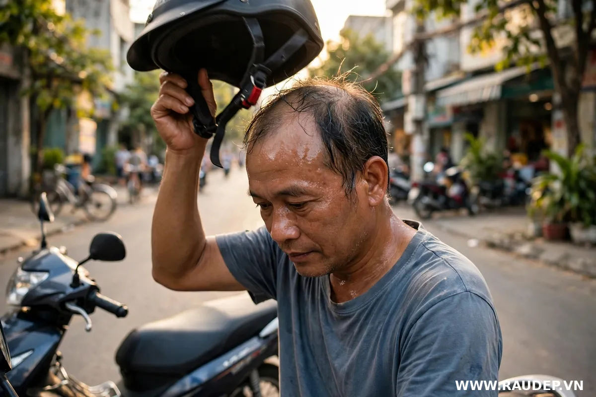 Người đàn ông Việt Nam cởi mũ bảo hiểm xe máy với mái tóc bết dầu và thưa thớt