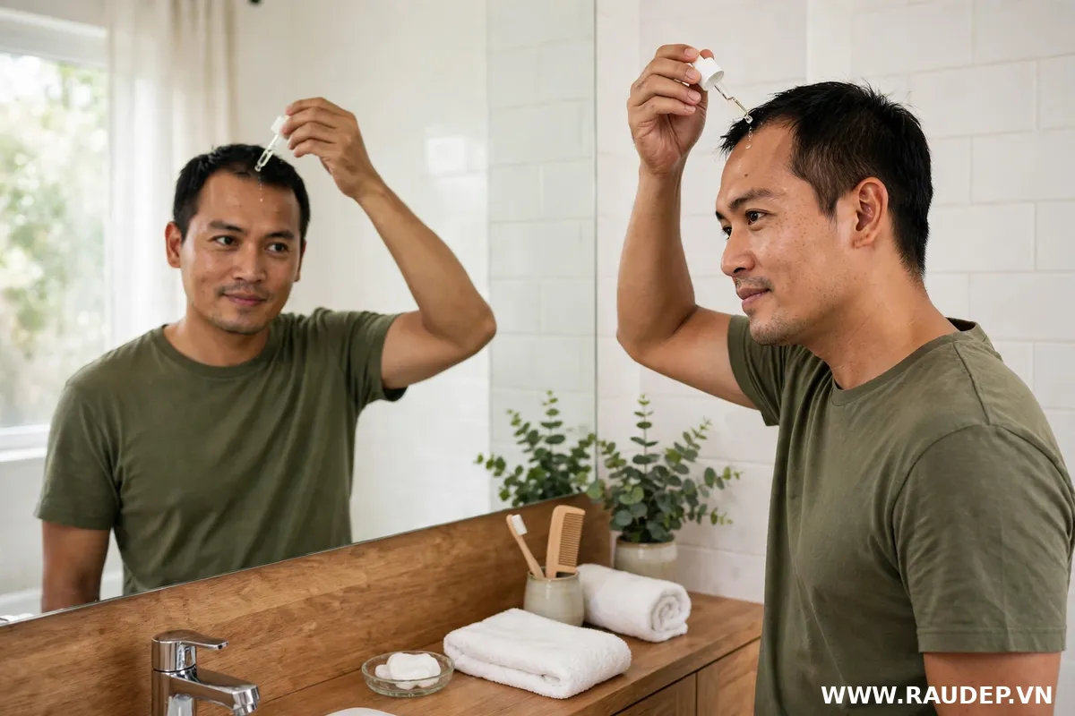 Nam giới đang chăm sóc tóc và tạo thói quen sinh hoạt lành mạnh tại nhà