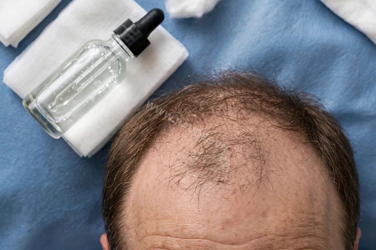 Bàn tay nam giới đang nhỏ từng giọt tinh chất Minoxidil lên vùng da đầu bị thưa tóc và dùng ngón tay thoa đều