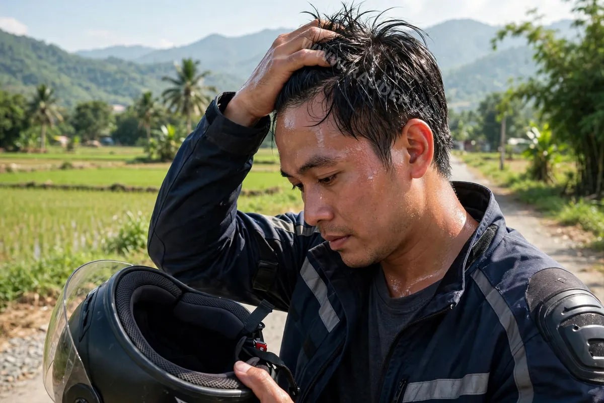 Một người đàn ông cởi mũ bảo hiểm sau khi đi đường xa giữa trời nắng nóng, dùng tay vuốt mái tóc bết dính mồ hôi và lộ rõ những sợi tóc rụng kẹt lại