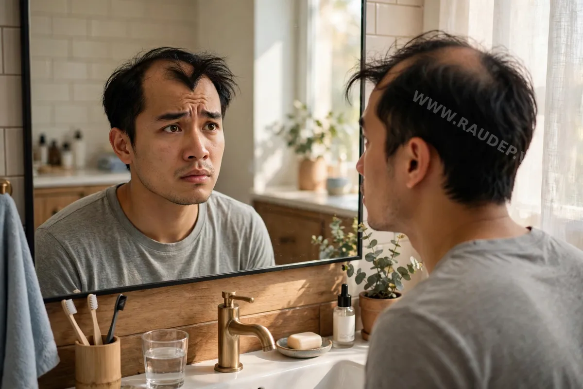 Nam thanh niên khoảng 28 tuổi đứng trước gương phòng tắm, ánh mắt lo lắng nhìn vào phần tóc hai bên thái dương đang thụt lùi tạo thành hình chữ M