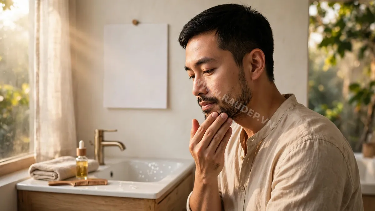 Người đàn ông chăm sóc râu mỗi sáng trước gương, lịch treo tường phía sau