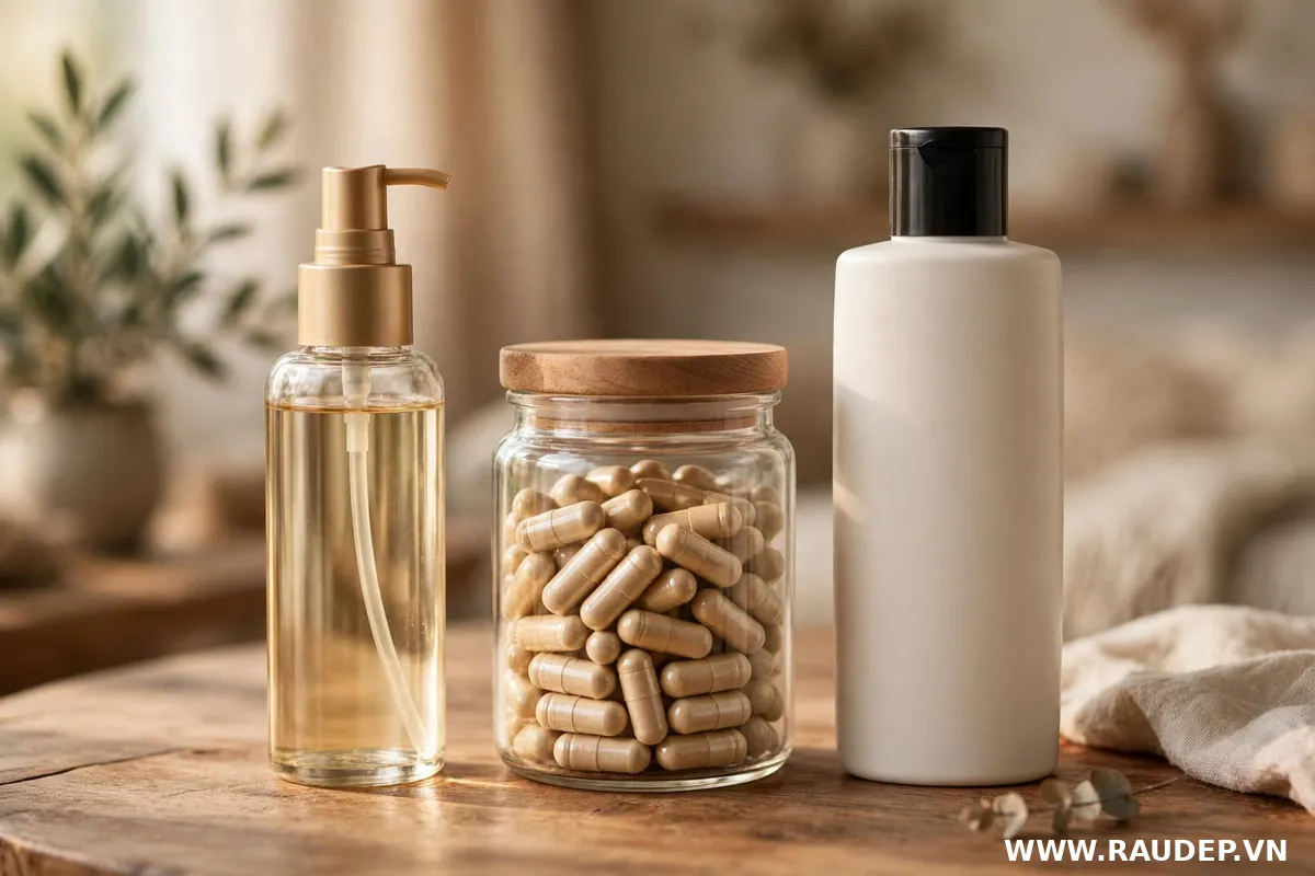 Bộ sản phẩm chăm sóc tóc gồm chai xịt kích mọc và lọ viên uống ngăn rụng đặt trên bàn gỗ