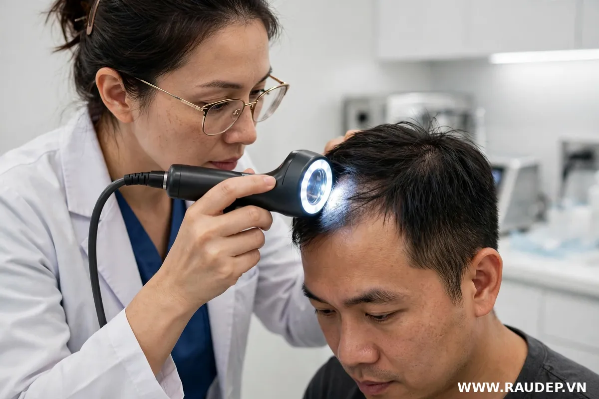 Bác sĩ da liễu dùng máy soi da đầu chuyên dụng kiểm tra nang tóc cho một nam bệnh nhân