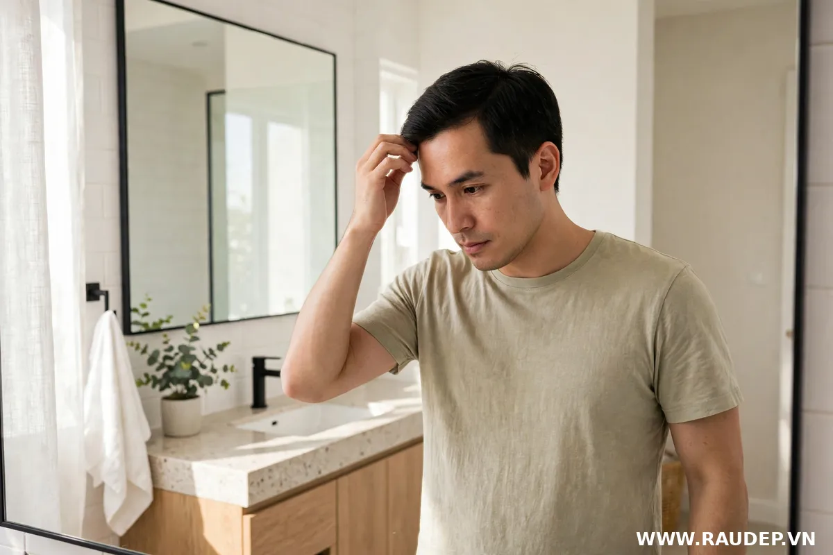 Người đàn ông đứng trước gương phòng tắm tự kiểm tra đường chân tóc hai bên thái dương