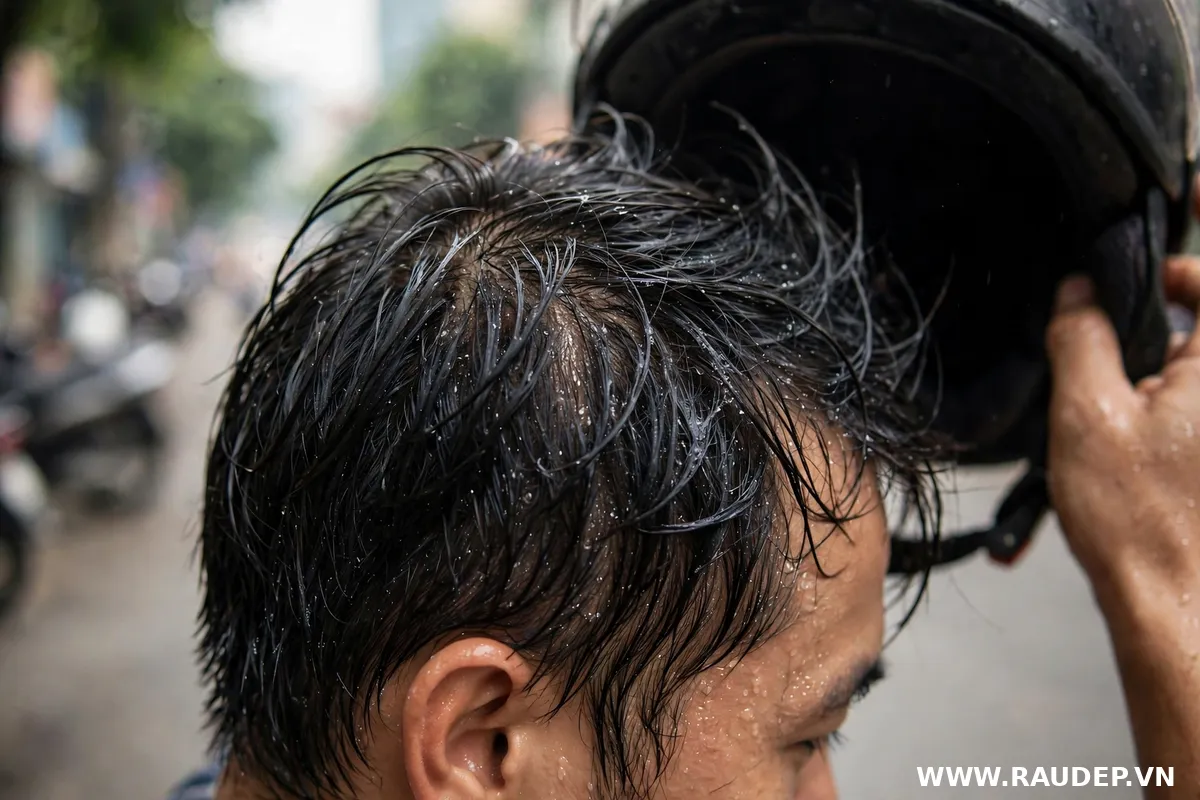 Cận cảnh da đầu nam giới đổ nhiều dầu và mồ hôi do thời tiết nóng bức kết hợp đội mũ bảo hiểm
