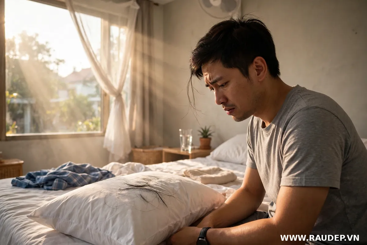 Hình minh họa một người đàn ông quan sát những sợi tóc rụng trên gối sau khi thức dậy vào buổi sáng